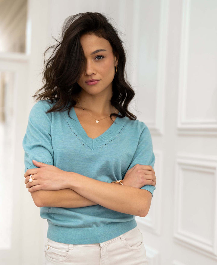 LA DIAZ V-Neck Sweater in Mist Blue