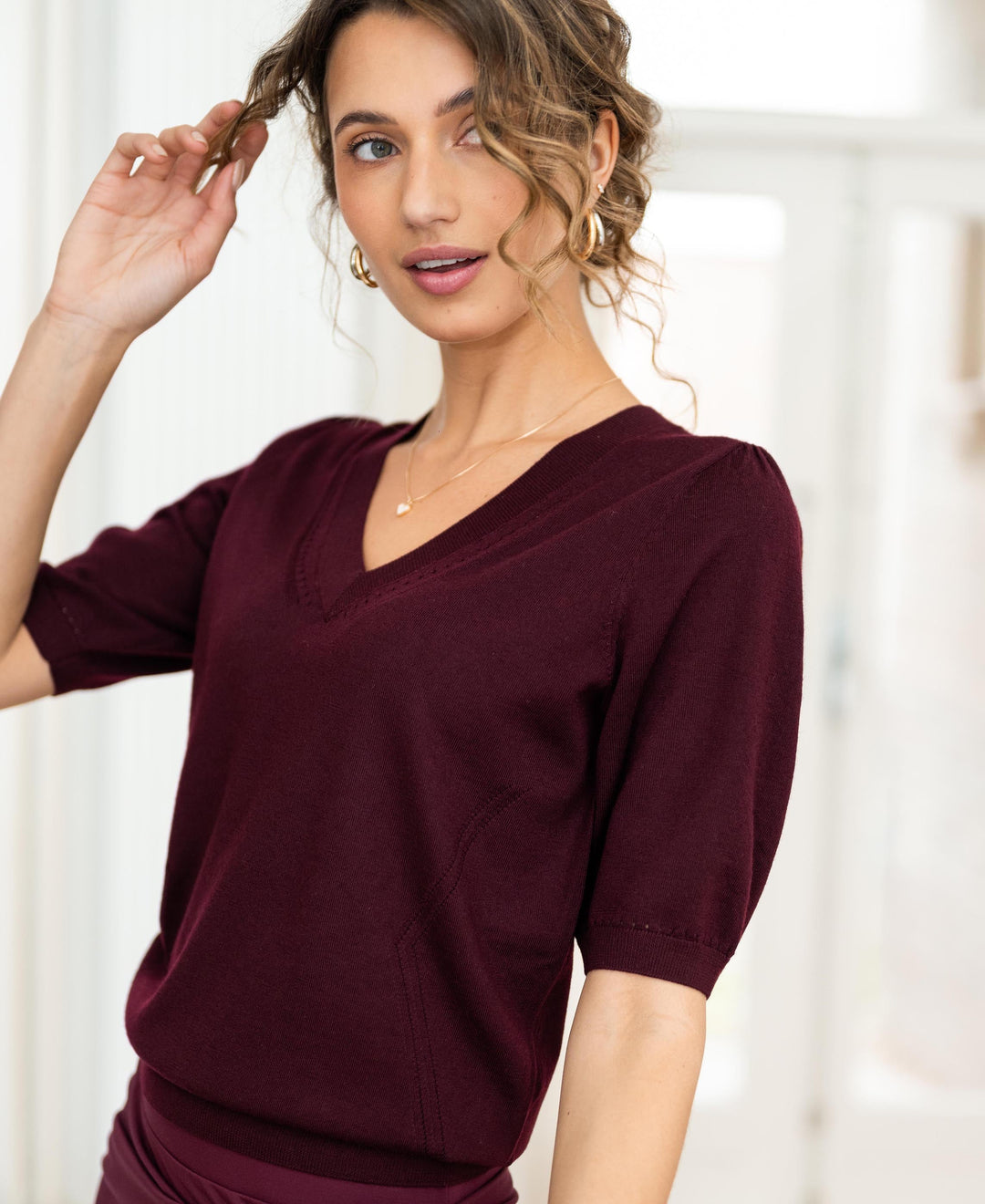 Bordeaux V-Neck Sweater by LA DIAZ