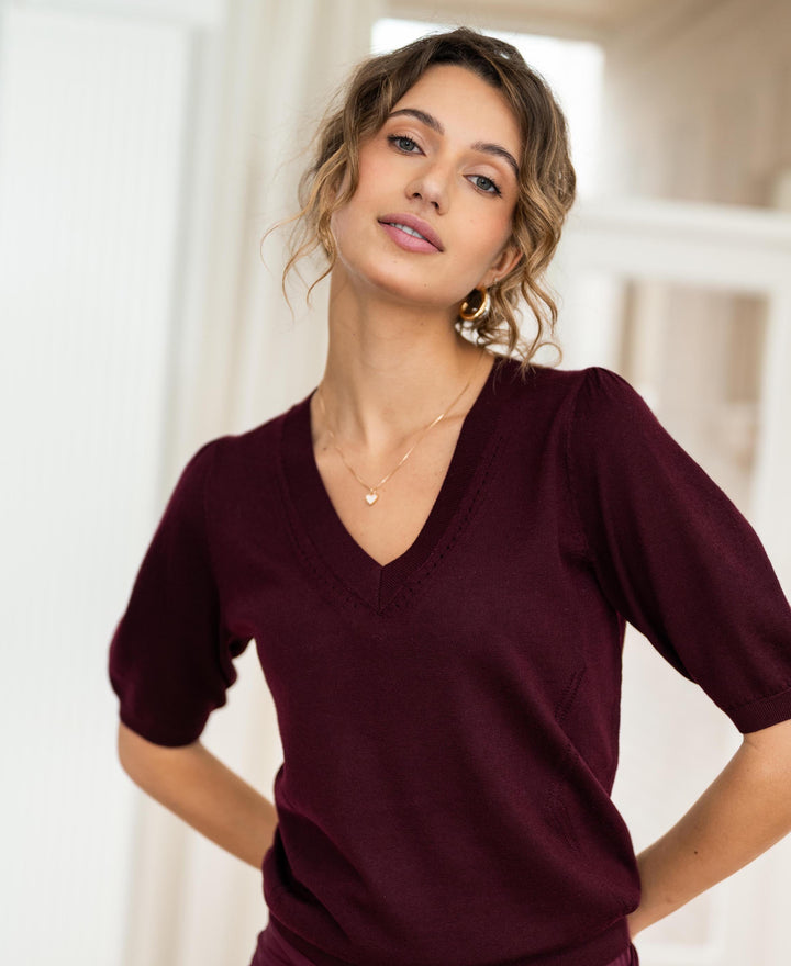 Bordeaux V-Neck Sweater by LA DIAZ