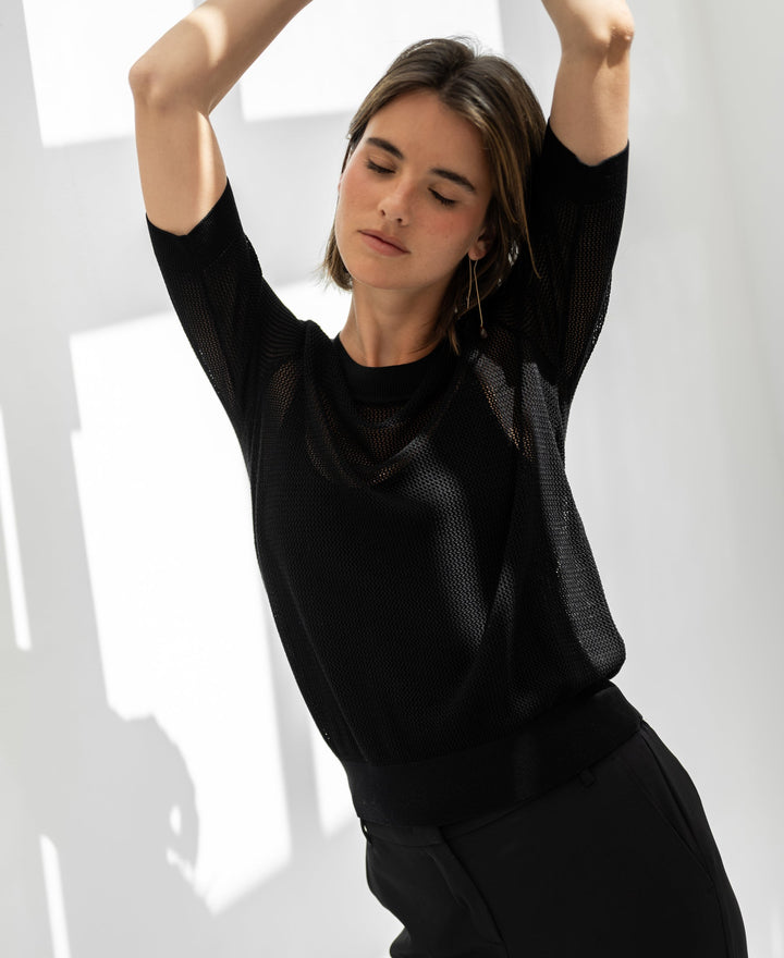 Schwarzer Mesh-Pullover LE NANCY mit Seidenanteil