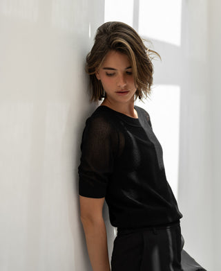 Schwarzer Mesh-Pullover LE NANCY mit Seidenanteil