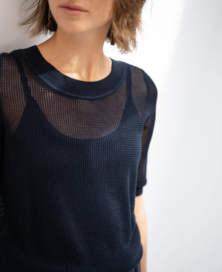 Dark Blue Silk-Blend Mesh Pullover LE NANCY
