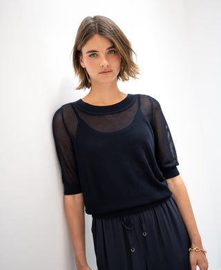 Dark Blue Silk-Blend Mesh Pullover LE NANCY
