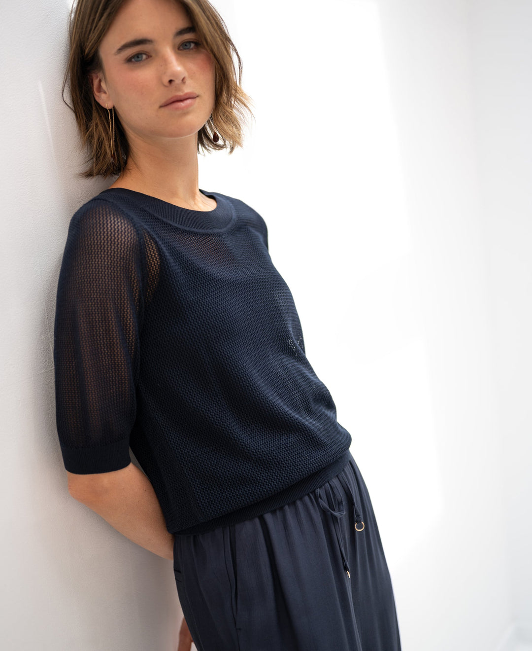 Dark Blue Silk-Blend Mesh Pullover LE NANCY