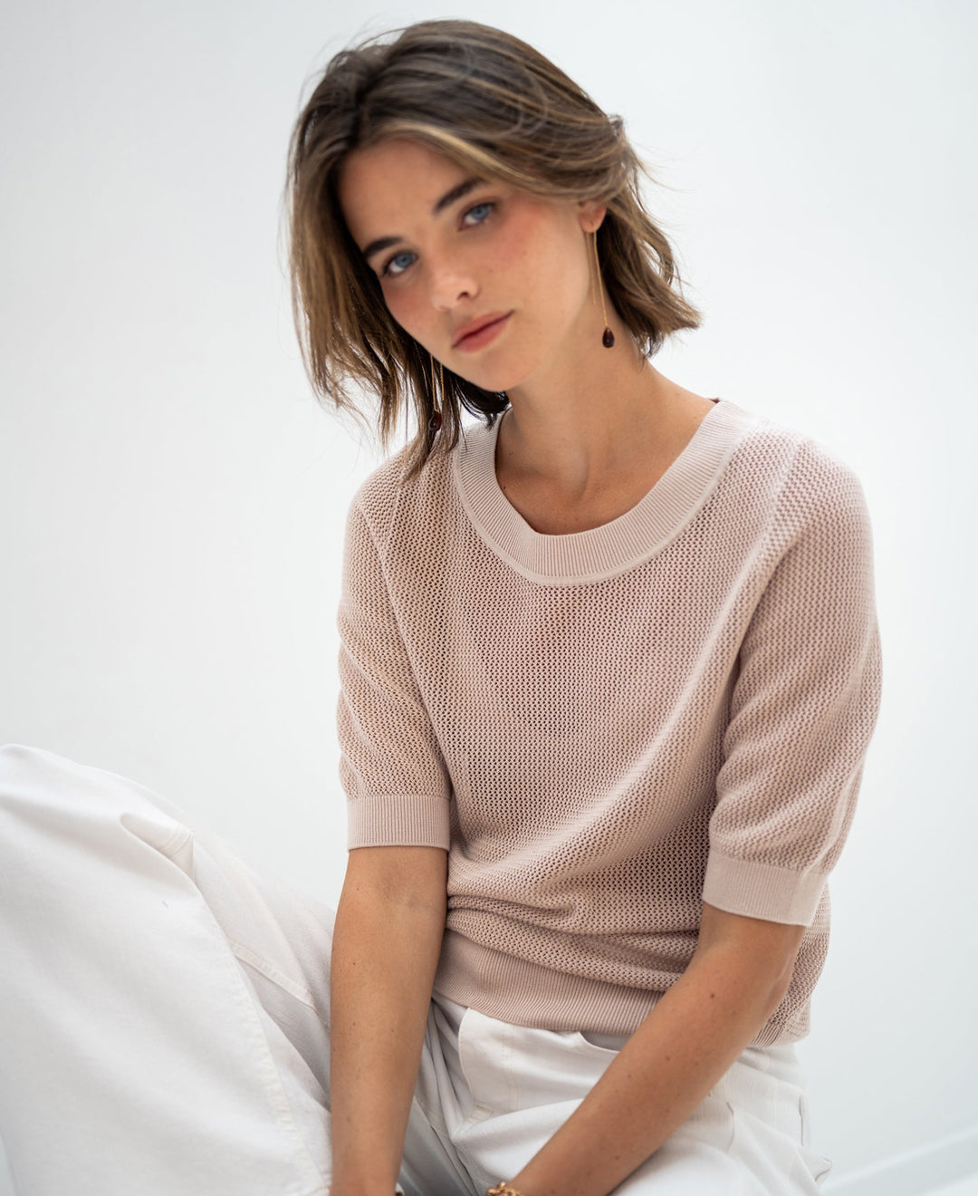 LE NANCY Seiden-Mesh-Pullover in Licht Sand