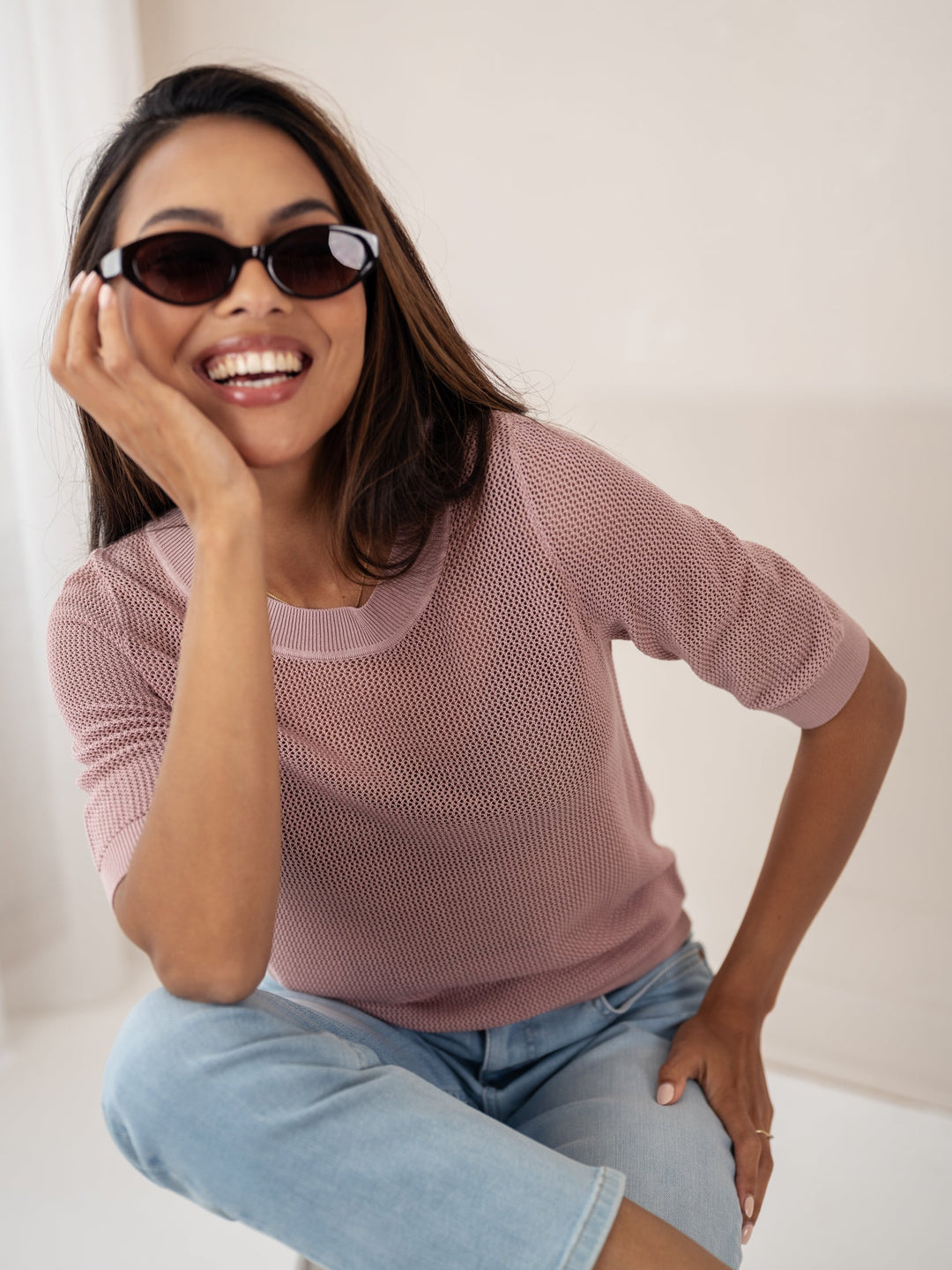 LE NANCY Dusty Pink Silk-Blend Mesh Pullover