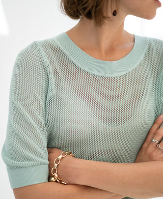LE NANCY Mesh Pullover mit Seide in sanftem Mistgrün