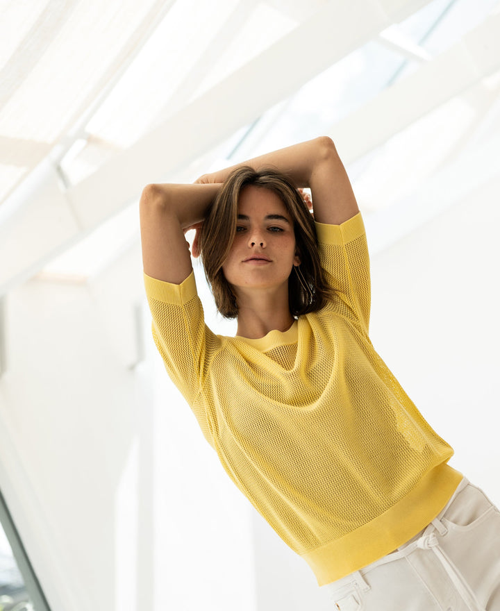 LE NANCY Mesh Pullover mit Seide in Zitronenpressé