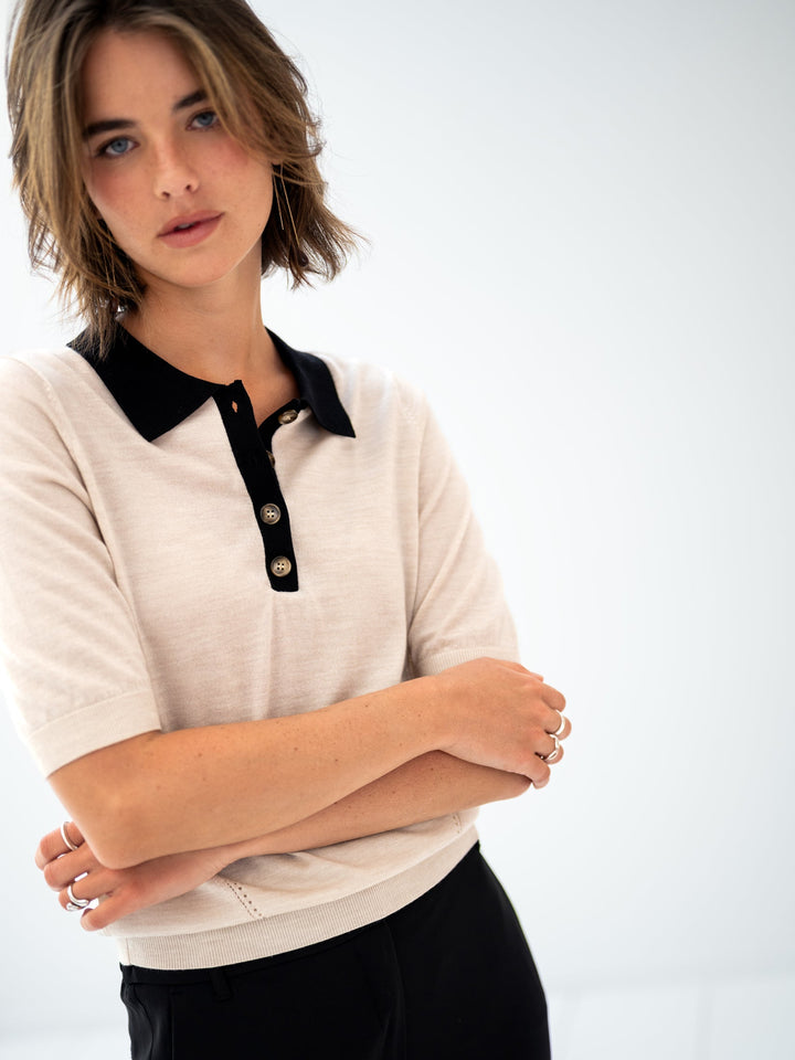 LE PAULY Merino Silk Polo in Sand and Black