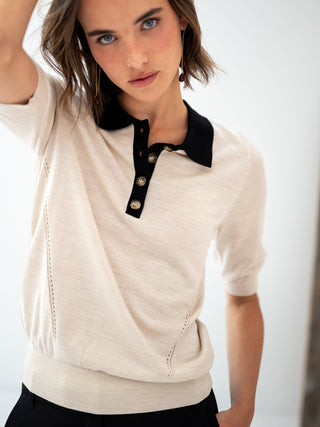 LE PAULY Merino Silk Polo in Sand and Black