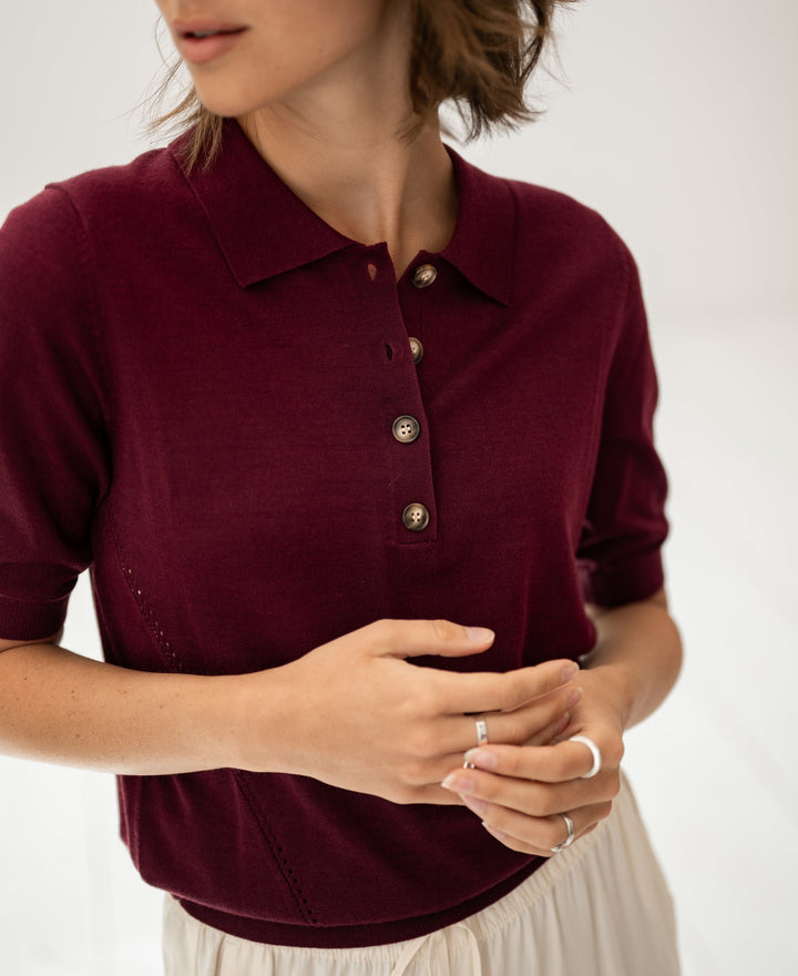 LE PAULY Merino Silk Polo in Wine