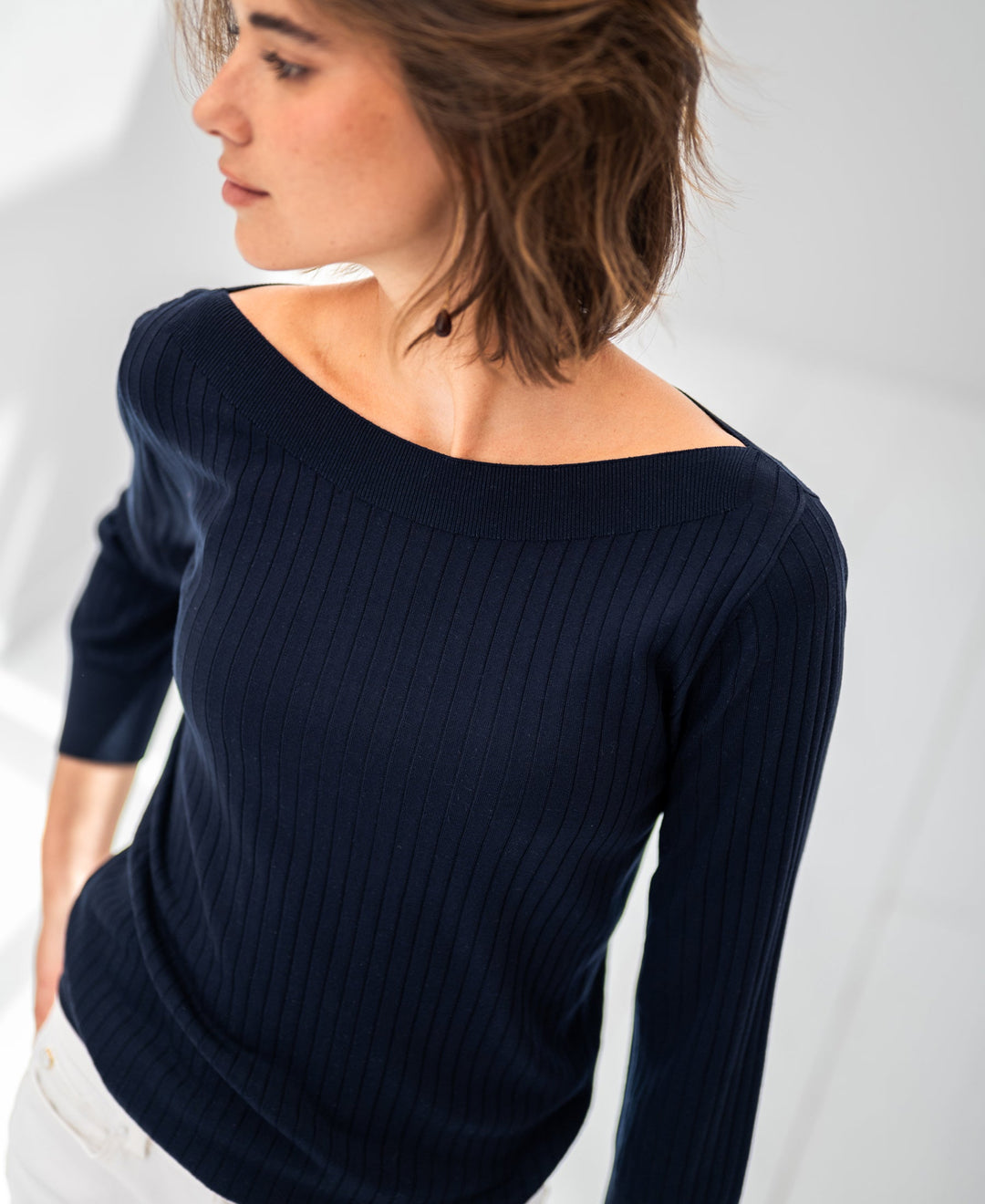 Tencel Silk Boat Neck Sweater LA TULIPE in Dark Blue