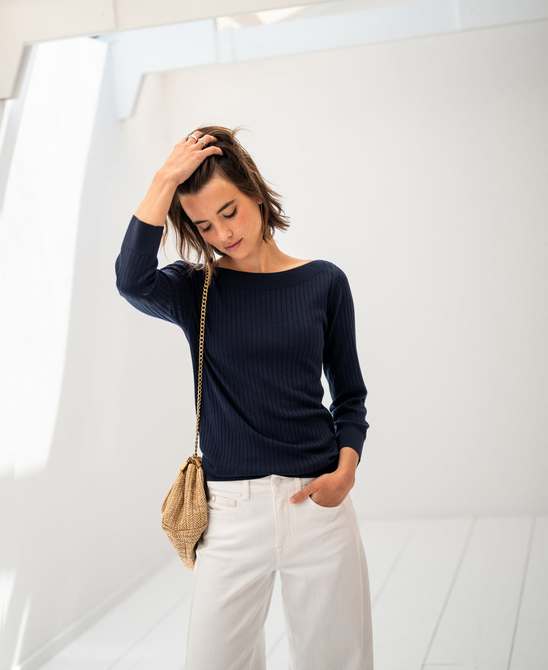 Tencel Silk Boat Neck Sweater LA TULIPE in Dark Blue
