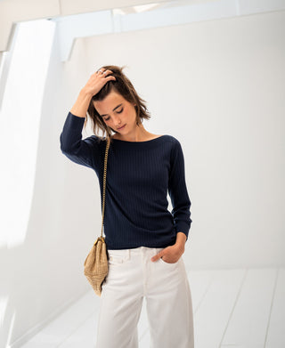 Tencel Silk Boat Neck Sweater LA TULIPE in Dark Blue