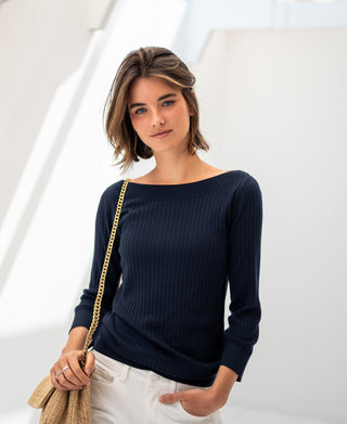 Tencel Silk Boat Neck Sweater LA TULIPE in Dark Blue