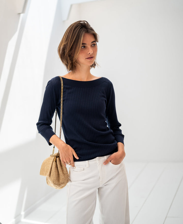 Tencel Silk Boat Neck Sweater LA TULIPE in Dark Blue