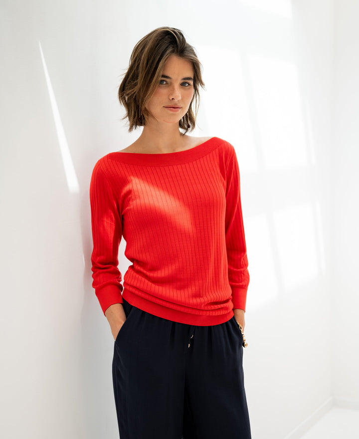 Tencel Silk Boat Neck Sweater LA TULIPE in Coral Red