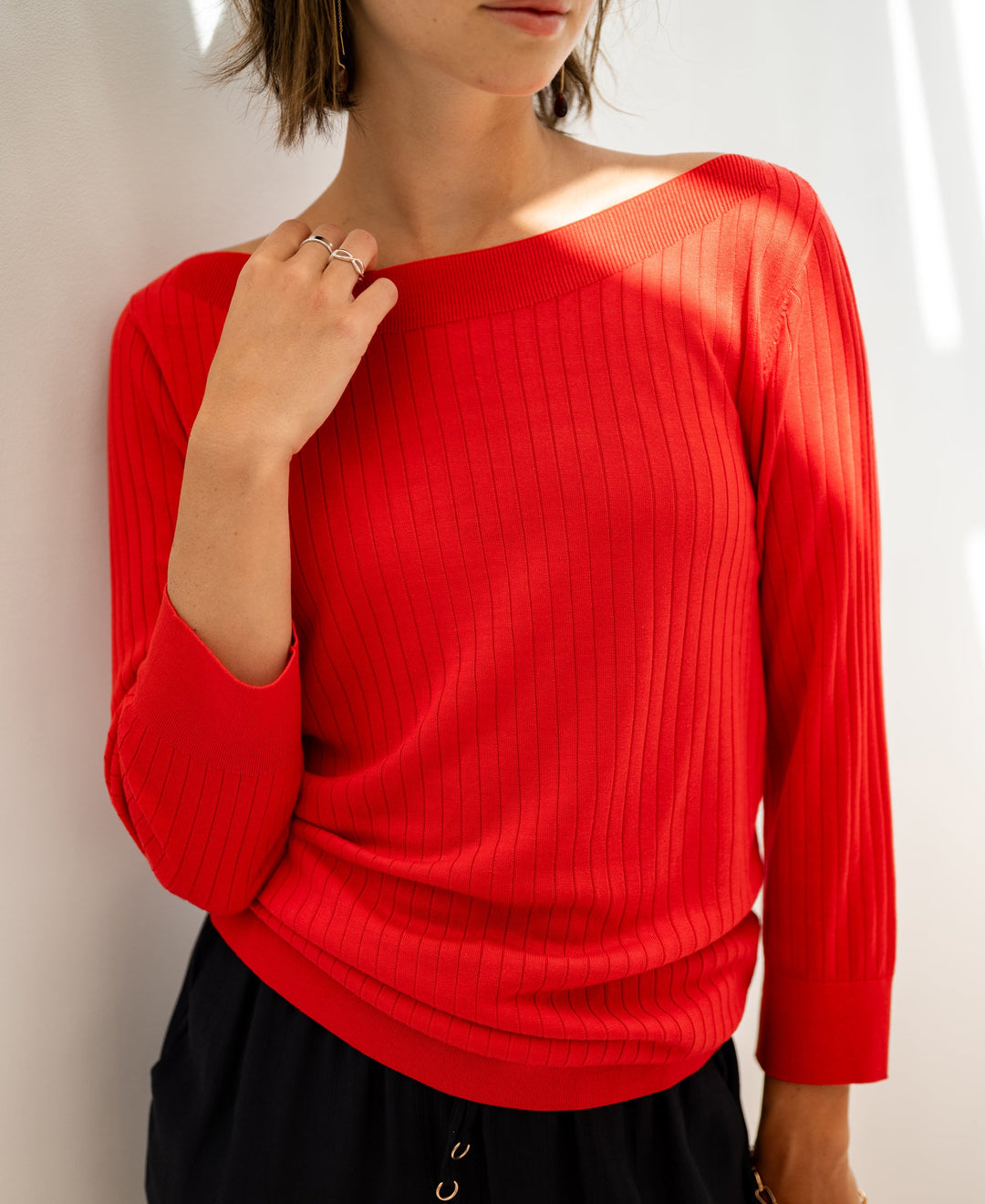 Tencel Silk Boat Neck Sweater LA TULIPE in Coral Red