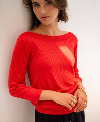 Tencel Silk Boat Neck Sweater LA TULIPE in Coral Red