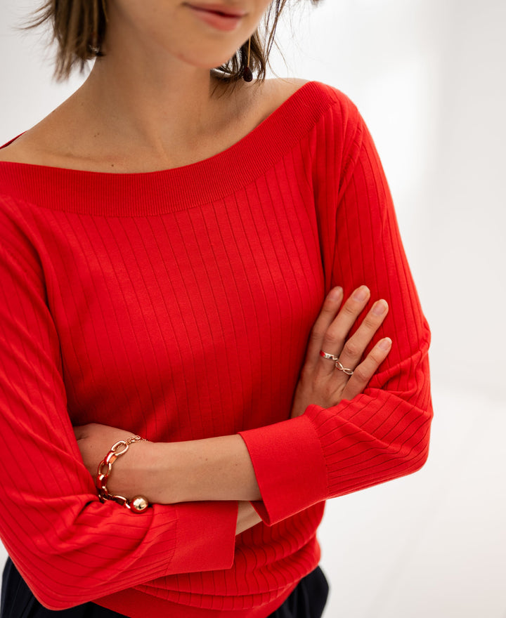 Tencel Silk Boat Neck Sweater LA TULIPE in Coral Red